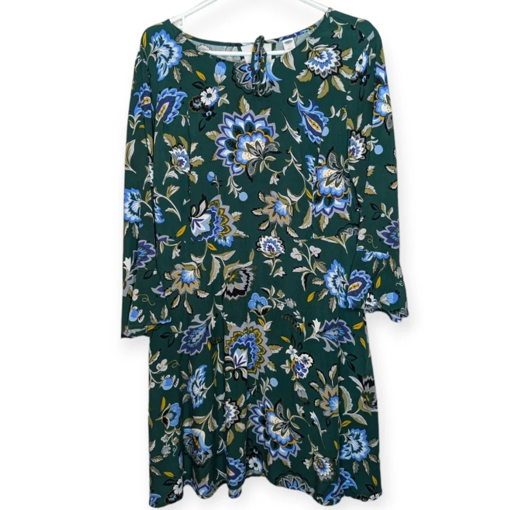 Old Navy Green Floral Print Fit & Flare Bell Sleeve Tie Back Dress Women 14